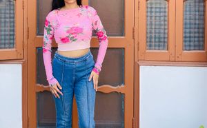 Pink Floral Mesh Crop Top