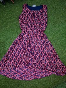 Navy Blue & Pink Leaf Print Dress