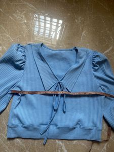 Blue Ribbed V-Neck Tie Top