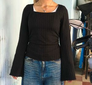 Black Square Neck Ribbed Top