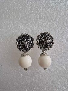 Elegant White Pearl & Oxidized Earrings