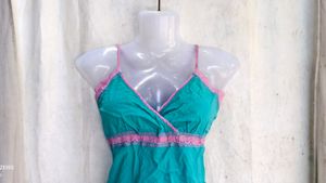 Turquoise Cami Top with Pink Lace Trim