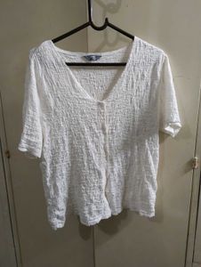 White Textured V-Neck Button-Up Top