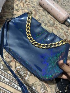 Sparkling Blue Clutch with Gold Chain
