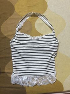 Striped Halter Top with Lace Trim