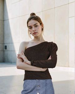 Shein Party One Shoulder Puff Sleeve Chic Top🤎