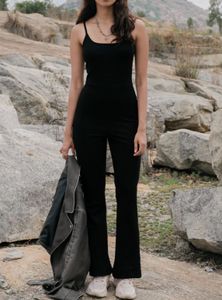 black bodycon flared bottom jumpsuit