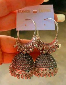 Oxidized Silver Hoop Jhumkis For Girls..