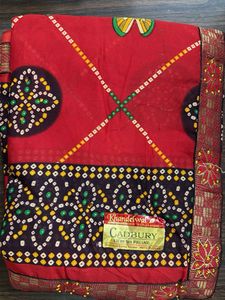 Vibrant Red Bandhani Print Saree with Lace