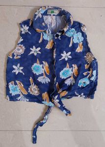 Blue Floral Tie-Front Crop Top