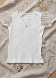 White Ribbed Top with Puff Sleeves