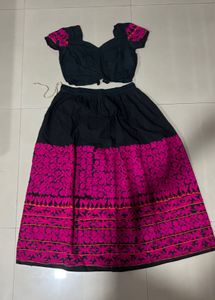 Black & Pink Embroidered Skirt & Top Set