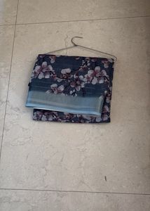 Navy collar floral Print Saree Blouse &amp; Fabric