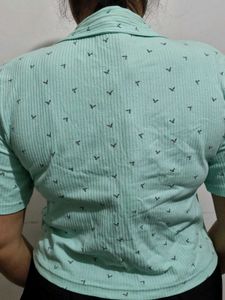 Mint Green Bird Print Polo Top
