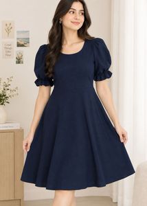 Navy Blue Puff Sleeve Dress