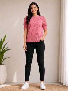 Pink Embroidered Puff Sleeve Top