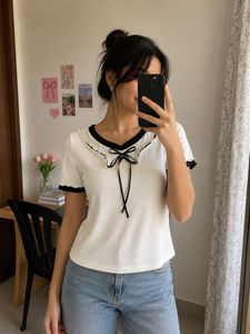 Cute Bow Neck White Top