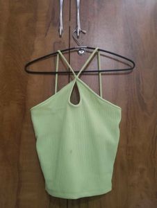 Lime Green Ribbed Cutout Halter Top
