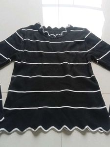 Striped Long Sleeve Top with Ruffle Neck