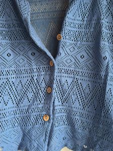 Blue Crochet Knit Button-Up Top