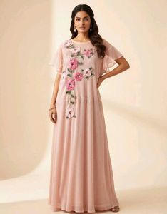 Pink Embroidered Maxi Dress with Floral Appliques