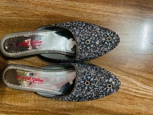 Blue Embellished Mule Flats