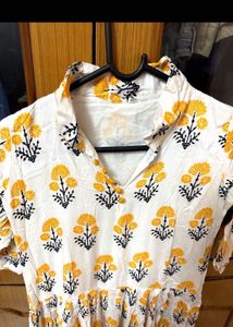 Floral Print White Cotton Kurta