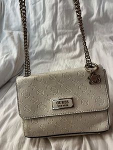 Guess White Embossed Chain Shoulder Bag
