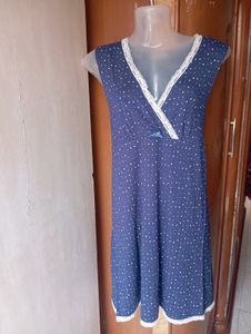 Blue Polka Dot Nightgown with Lace Trim