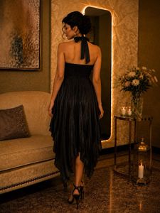 Elegant Black Pleated Asymmetrical Dress