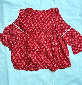 Red Printed Tie-Neck Blouse
