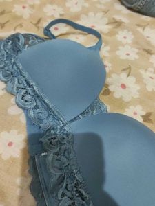 Blue Lace Trim Padded Bra