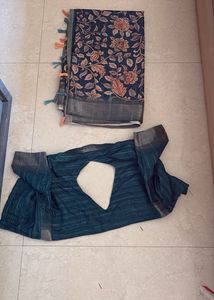Half cotton  Teal Floral Saree