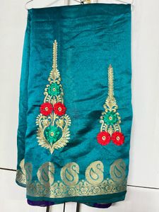 Teal Embroidered Saree no blouse