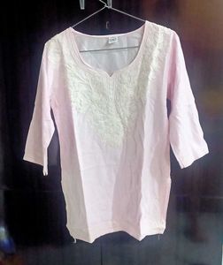 Pink short kurti white Embroidered