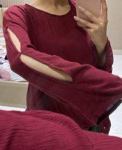 Maroon Bell Sleeve Tie-Front Top