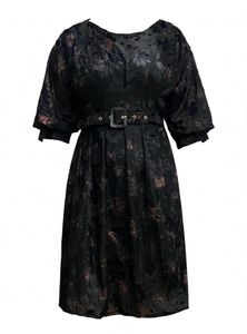 Black Floral Belted Midi Dress