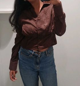 Brown Cropped Button-Up Shirt