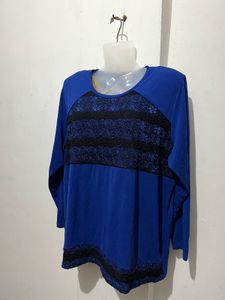 Blue Lace Detail Long Sleeve Top