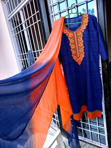 Blue Kurti Length 40 . orange Colour Churidaar Pyjama And  Cheffon Duppatta Colour