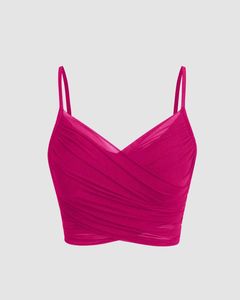 Mesh V Neck Ruched Strappy Hot Pink Crop Top