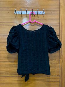 Chic Black Puff Sleeve Tie-Back Top