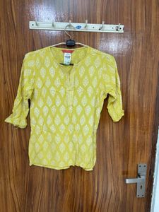 Yellow Printed Cotton Kurta