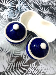 Set of 2 Blue Floral Ceramic Jars with Tray