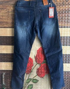 Men's Distressed Blue Jeans with Red Stripes