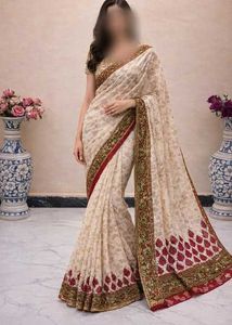 Elegant Beige & Red Print Saree