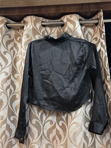 Sleek Black Satin Cropped Shirt