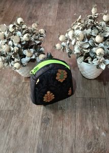 Embroidered Black Pouch with Neon Zipper