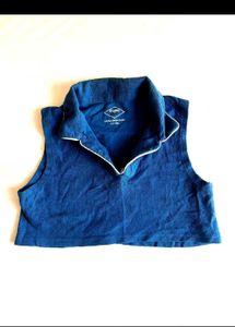 Blue Sleeveless Collared Crop Top