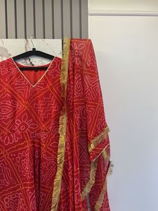 Pure Bandhani Print Gown with Golden Dupatta